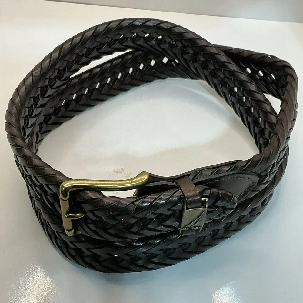 Vintage Nautica Belt Braided/Woven Brown Leather Solid Brass Buckle Size 40
